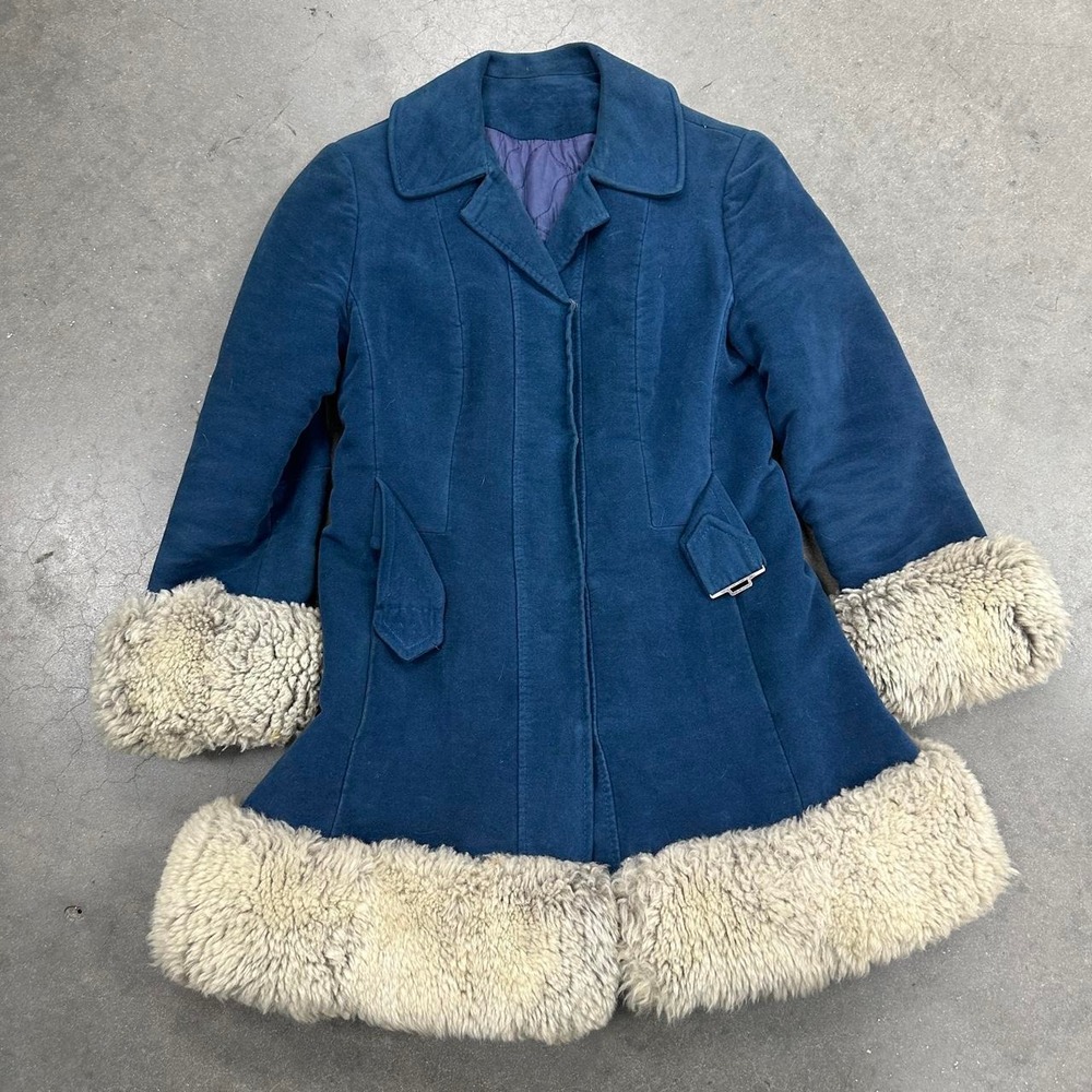 70s Country Pacer Penny Lane Blue Suede Faux Fur Trim Jacket Size XS